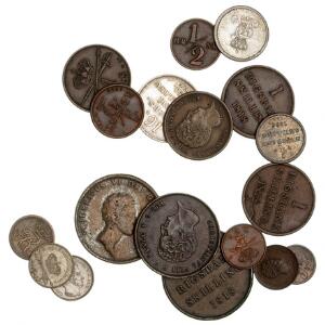 Samling af sølv- og kobbermønter fra Frederik VI og Christian VIII, i alt 18 stk. i varierende kvalitet
