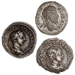Romerske kejserdømme, 3 denarer fra Septimius Severus, Elagabal og Alexander Severus