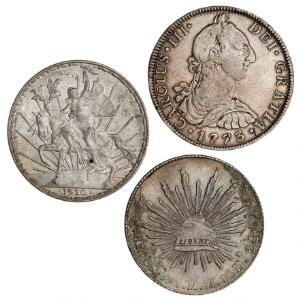 Mexico, Carolus III, 8 real, KM 106.1, 8 real MM 1891, KM 377.2, loddespor, peso 1910, KM 453, i alt 3 stk.