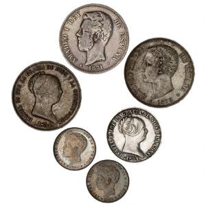 Spanien, 20 reales 1854, 1 ,KM 593.2, 10 reales 1854, 1, KM 595.3, 5 pesetas 1871, 1, KM 666, 5 pesetas 1876 76, 1-01 KM 671, 1 peseta 1900, KM 706