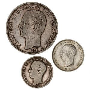 Grækenland, George I, 5 drakmer 1876, 1,  KM 46, 1 drakme 1868, 11, KM 38, 1 drakme 1910, 01, KM 60, pæn mønt, i alt 3 stk.