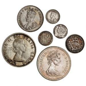 Canada, 5 cent 1885, KM 2, 5 cent 1918, KM 22, 1 dollar 1958, KM 55 0, 1 dollar 1973, KM 83 M, Øst Afrika, schilling 1922, KM 21, British West Indies,