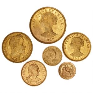 Bolivia, Chile, Colombia, Peru, lille lot guldmønter, i alt 6 stk.