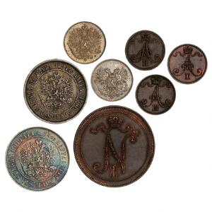 Finland, 1 penni 1870, 1872, 1888, 10 penniä 1910, 25 penniä 1916, 1917, 1 markka 1874, 1907, ialt 8 stk.