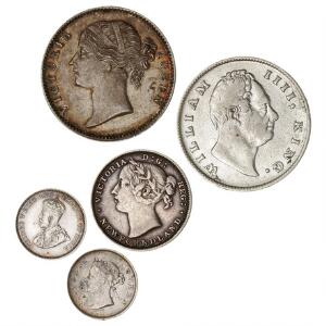 Canada, New Foundland, 20 cents 1880, KM 4, British Guiana, 4 pence 1891 og 1936, KM 26 og KM 29, British East India Company, 1 Rupee 1835 og 1840