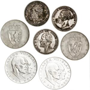 Norge, Oscar II, 2 kr 1892, 1893, 1897, NM 22, 23, 25, samt 4 stk. nyere enrindringsmønter, i alt 7 stk. i varierende kvalitet