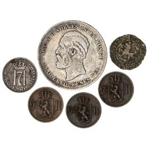 Norge, Frederik IV, 2 sk. 1712, NM 54, H 7A, moderne mønter 5 stk. bl.a. 1 øre 1921jern, NM 232, 2 kr 1878, NM 17, i alt 6 stk.