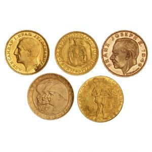 Liechtenstein, Holland, Rumænien, Tjekkoslovakiet, Yugoslavien, lille lot guldmønter, i alt 5 stk.