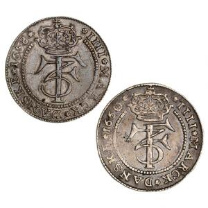 Frederik III, 4 mark  krone 1658, H 95A, monteringsspor, samt 4 mark  krone 1660, H 95A, monteringsspor og blanketrevne