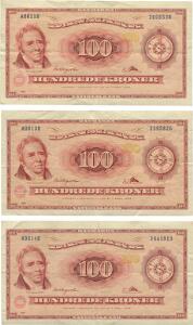 100 kr 1961 AO1B, 1961 AO3B, 1961, AO4B nr. 2641913, Sieg 136, DOP 145, i alt 3 stk.