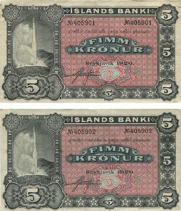 Island, Islands Banki, 5 kr 1920, No. 405901, 405902, Sieg 19, Pick 15, i alt 2 stk., begge blanketter med kun en underskrift