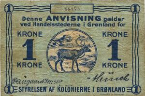 Grønland, Styrelsen af Kolonierne, 1 kr u. år 1913, Daugaard Jensen  Munch, Sieg 60, Pick 13