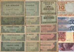 Norge, lille lot sedler, 1, 2, 10, 100 kr 1917 - 1995, flere i pæne kvaliteter, i alt 20 stk.