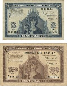 New Caledonia, 5 francs 1944, 100 francs 1944 lille hul ved midten, Pick 48, 46B