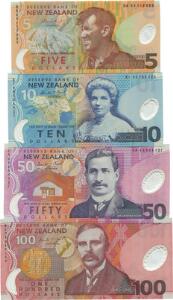 New Zealand, 5, 10, 50, 100 dollars 1999, Pick 185, 186, 1888, 189, 4 stk.