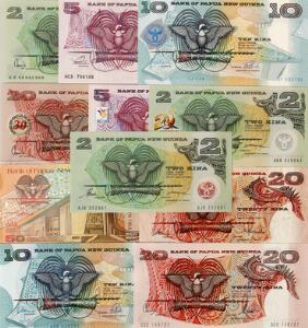 Papua New Guinea, lille lot overvejende nyere ucirkulerede sedler, flere bedre typer imellem, i alt 11 stk.
