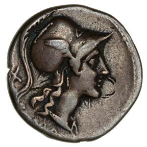 Romerske republik, anonym denar, 115-114 f.Kr., 3,8 g, Cr. 2871, bankers mark, smuk mørk patina