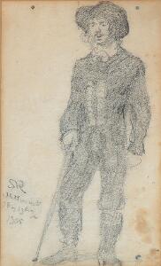 P. S. Krøyer En udklædt herre. Sign. S. K. Natten mellem 18. og 19. Aug. 1905. Bly på papir monteret på malepap. 22 x 13,5.