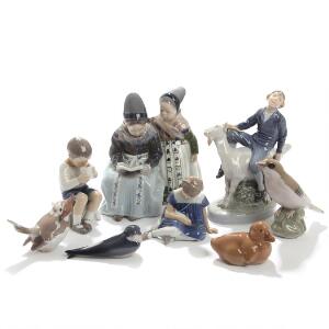 Chr. Thomsen, Lotte Benter m.fl. En samling figurer af porcelæn, Kgl. P. og BG, dekoreret i underglasur farver. H. 4-18. 8