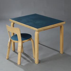 Alvar Aalto Barnestol og bord af birk. Sæde samt bordtop ilagt blå formika. Udført hos Artek. 2