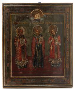 Russisk ikon med tre helene Skt. Gregorge, Skt. Wassilij, Skt. Joan. Tempera på træ. 19. årh. 29,5 x 35.