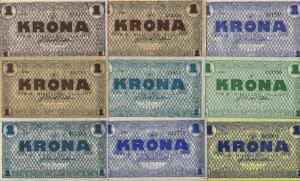 Island, 1 kr 1941, Sieg 28, Pick 22, i alt 9 stk., flere pæne