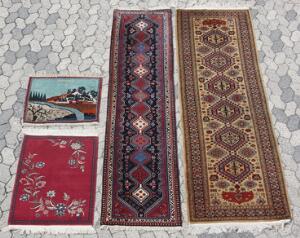Fire orientalske tæpper. Keshan, Persien. Landskab. 1960-1970. 67 x 66. Azerbijan løber. 80 x 290. Yalameh løber. 60 x 290. Samt orientalsk forligger. 100 x 63.