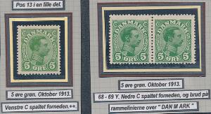 1913. Chr. X, 5 øre, grøn. Variant Spaltet C og Spaltet C  rammebrud. AFA 960