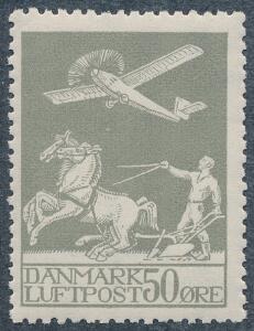 1929. Gl. luftpost 50 øre, grå. Variant Klump på K. Perfekt postfrisk. AFA 4000