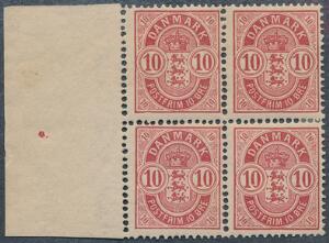 1884. 10 øre, rød. Fireblok med variant Åbent nul. Varianten er postfrisk. AFA 2540