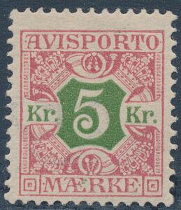 1907. 5 kr. rødgrøn. Nydeligt ubrugt mærke