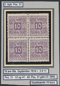 1907. 10 øre, violet. Flot fireblok med variant Plet i E i Øre pos. 31. Nedre parstykke er postfrisk
