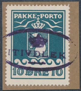 1937. Schultz. 10 øre, grønblå. Annulleret med sjældnet ovalt violet stempel ITIVDLEK.