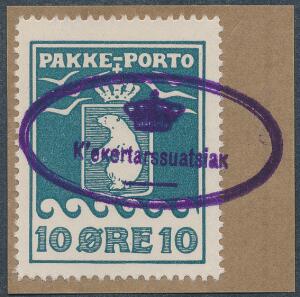 1937. Schultz. 10 øre, grønblå. Annulleret med sjældnet ovalt violet stempel med krone K´ekertarssuatsiak.