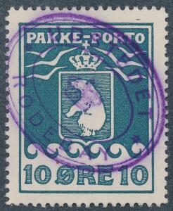 1937. Schultz. 10 øre, grønblå. Annulleret med sjældnet ovalt violet stempel med krone UDSTEDET RODEBAY.