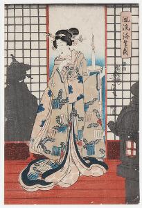 Japansk træsnit i farver, oban, forestillende geisha  i døråbning, aften. Sign. Kinchoro Yoshitora-ga. Dateret  1859. I ramme.