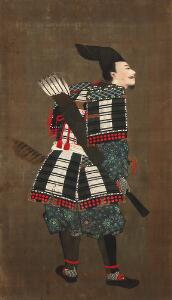 Japansk kakimono, malt i farver på silke, en kriger med pilekogger. Edo-periode. I udskåret ramme.  60 x 35 cm.