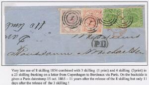 1854. 8 sk. grøn parstykke og 3 sk. lilla og 4 sk. rød på stor brevdel fra København til Bordeaux.