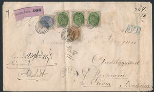 1870. 2 sk. gråblå og 8 sk. gråbrun samt 3 stk. 16 sk. grågrøn på værdibrev fra København til Østermarie, Bornholm