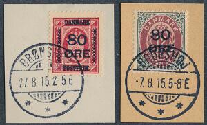 1915. 80 øres provisorier. Smukt stemplet sæt på brevklip, begge stemplet i BRØNSHØJ 27.8.15. AFA 1900