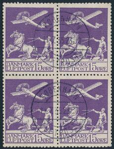 1925. Gl. luftpost, 15 øre, lilla. Stemplet 4-BLOK. AFA 2800