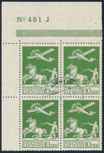 1925. Gl. luftpost, 10 øre, grøn. Stemplet marginal 4-BLOK. AFA 1600
