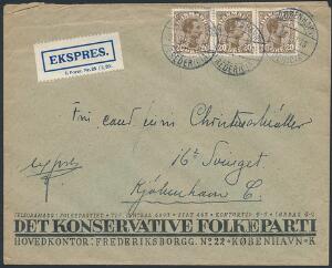 1921. Chr. X, 20 øre brun. 3-stribe på ekspres-brev sendt til CHRISTMAS-MØLLER, DET KONSERVATIVE FOLKEPARTI, KØBENHAVN.
