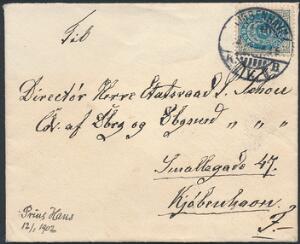 1895. 4 øre, gråblå, tk.12, omv. rm. Lille kuvert sendt lokalt i København af Prins Hans dekorativ kronet monogram på bagsiden