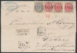 1875. 4 øre, ultramarin og 3 stk. 8 øre lysgrarød på brev fra Veile 18.1.1875 til Finland, via Rusland. Påstemplet UTILSTRÆKKELIG FRANKERET