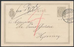 1900. 3 øres brevkort med håndskrevet FRA BJERGBY, sendt til Hjørring. Under værdistemplet påtegnet 4 og sat i porto med rødkridt 4