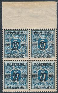 1918. 275 øre, blå, vm. III. Postfrisk 4-BLOK. AFA 5600