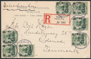 Tysk Post i Kina. 1906. ANBEFALET postkort, sendt til DANMARK, stemplet i PEKING 1311.06