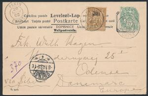 Kina. Fransk Post i Kina. 1902. Postkort sendt til DANMARK frankeret med 30 c. brun og 5 c. grøn rundt hjørne