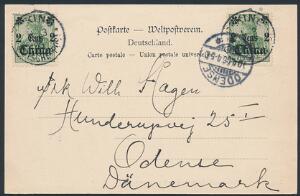 Tysk Post i Kina. 1906. Postkort sendt til DANMARK.